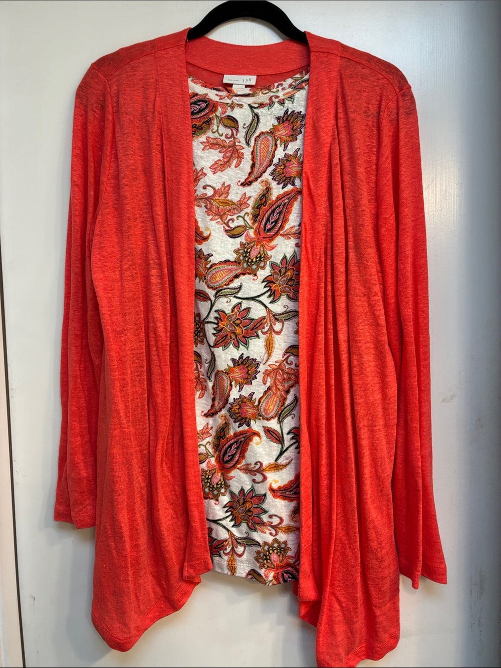 J. Jill 100% Linen Coral Open-Front Cardigan with Paisley Tank